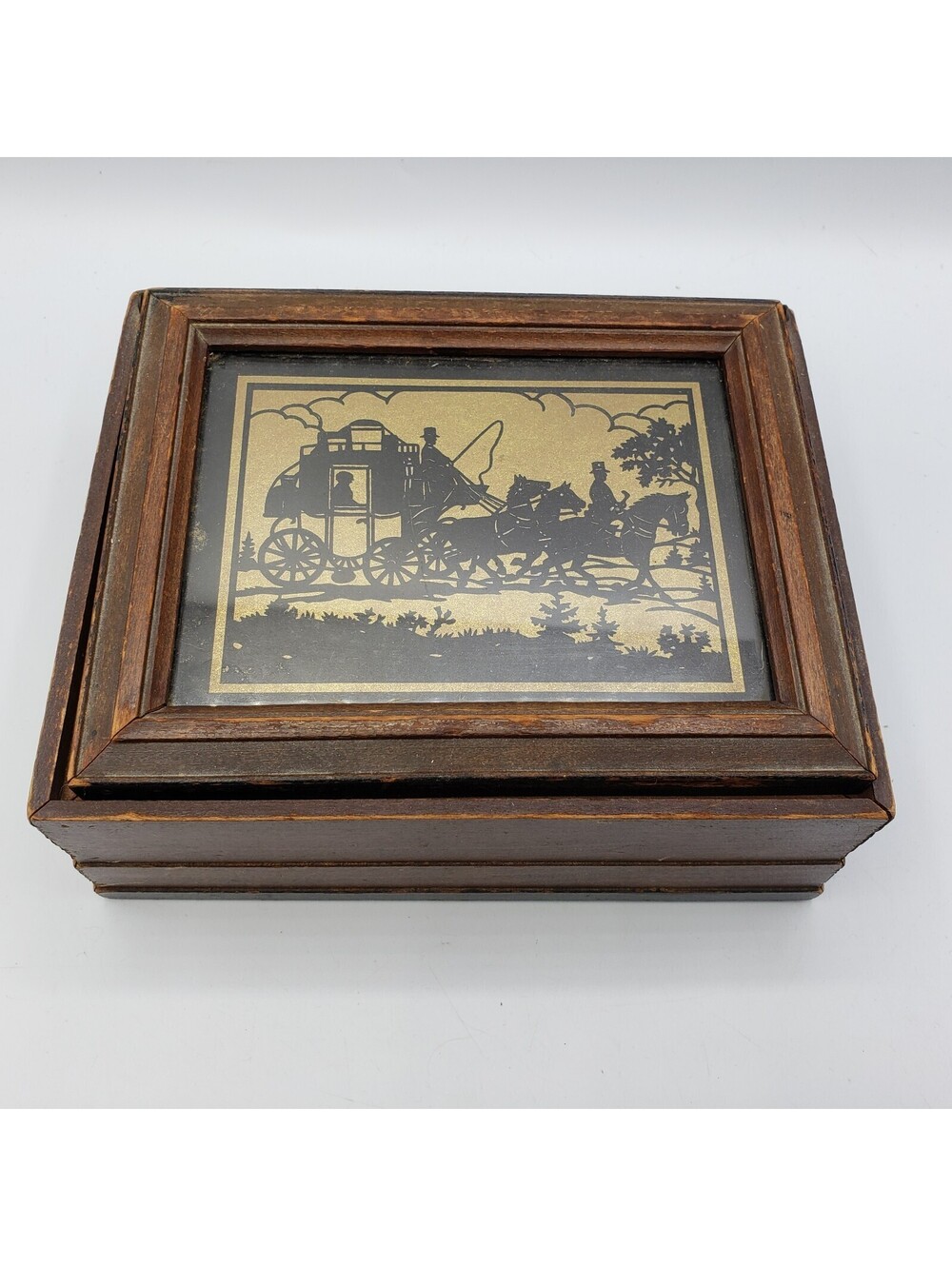 Vintage Wood Box Picture Glass Top Carriage & Horse Scene Jewelry HInged Lid